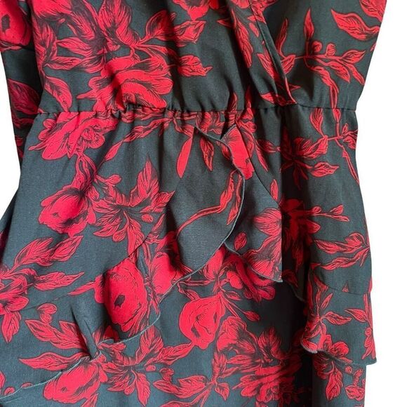 Bugues Floral Print Long Sleeve V-Neck Ruffle Mini Dress Black Red Large - Picture 7 of 8